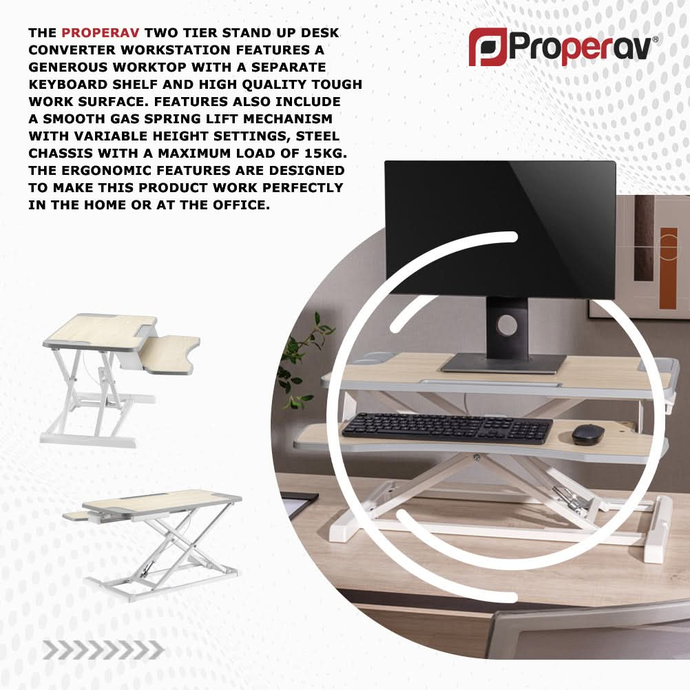 ProperAV Two Tier Stand Up Desk Converter Worktop with Gas Spring Lift & Variable Height Settings - White