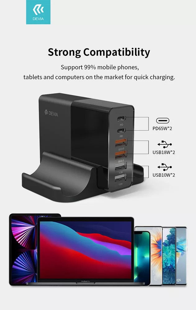 Devia Multi-Port 75W USB-C & USB Desktop Stand Charger for Mobile Phones, Tablets & Laptops - Black