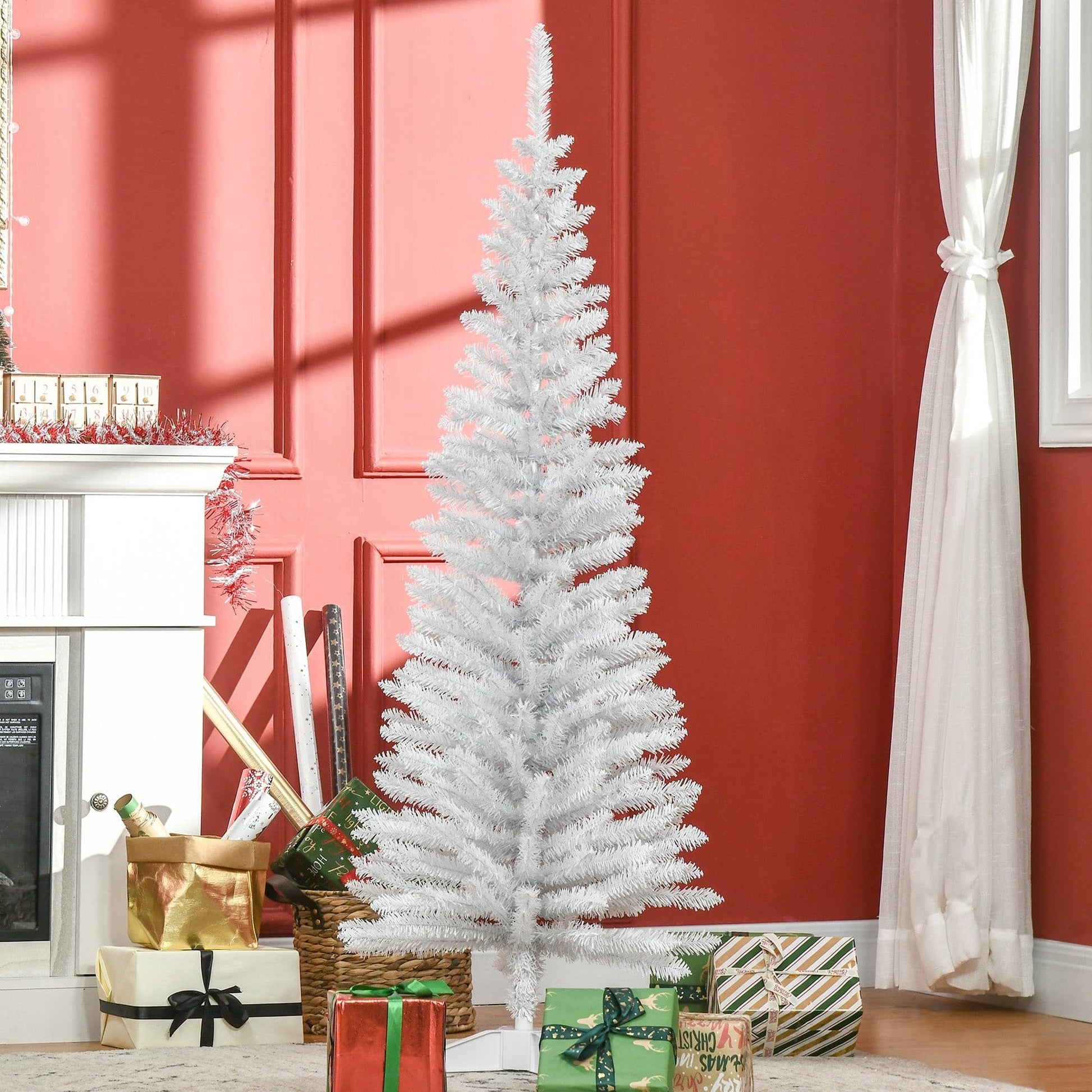 HOMCOM 5ft Artificial Pine Pencil Slim Tall Christmas Tree with Stand - White