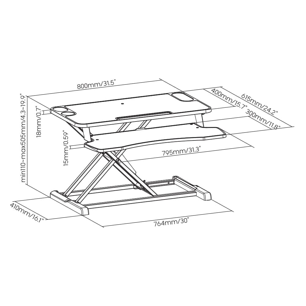 ProperAV Two Tier Stand Up Desk Converter Worktop with Gas Spring Lift & Variable Height Settings - White