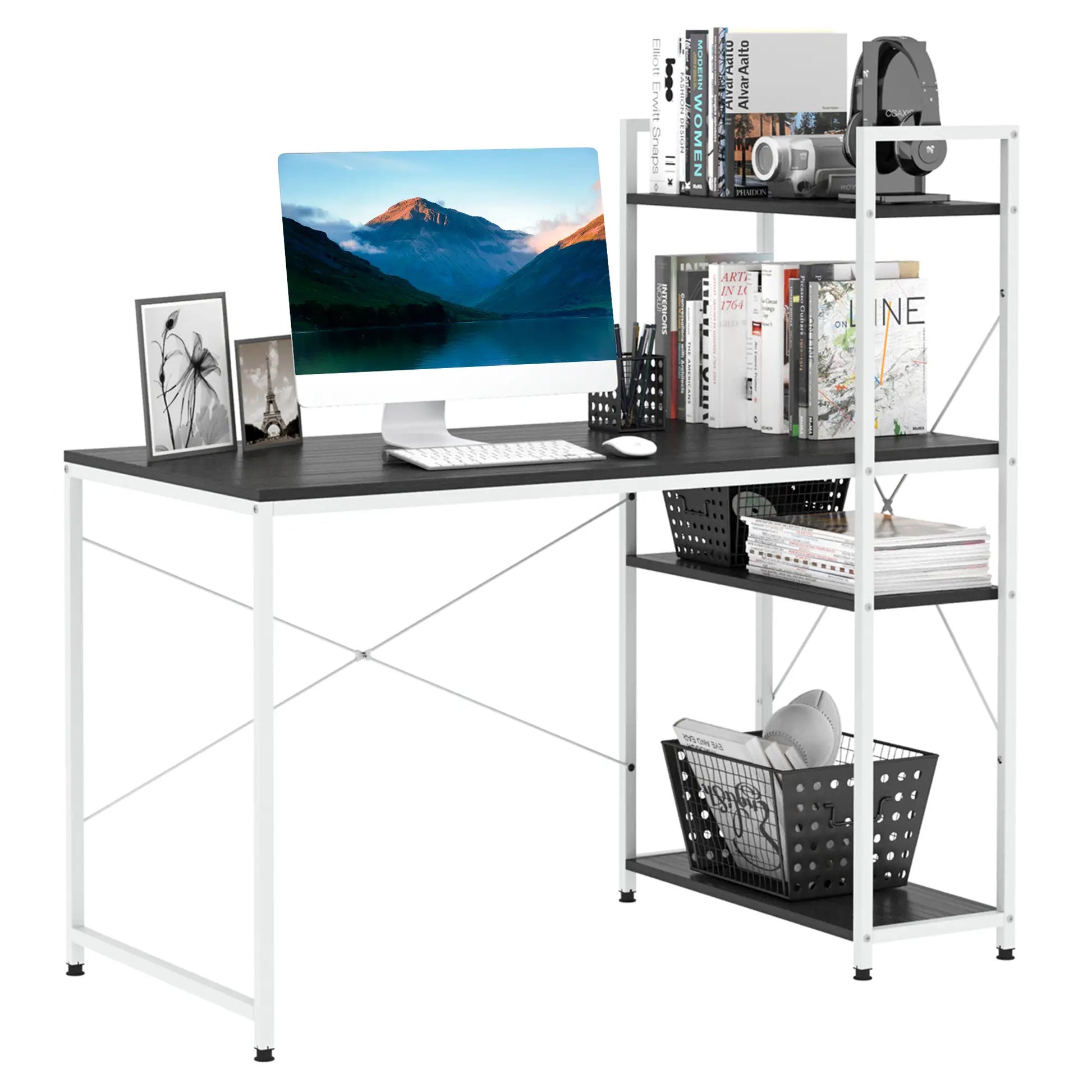 ProperAV Extra Metal Frame Home Wooden Top Office Desk with 4-Tier Bookshelf Black & White