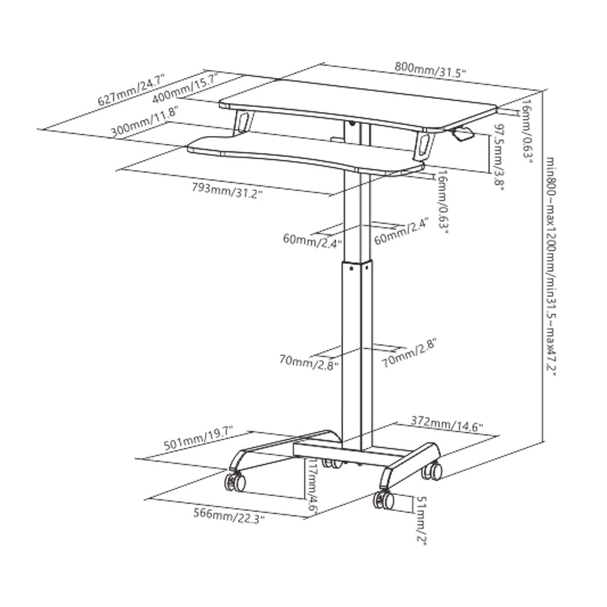 ProperAV Two Tier Mobile Desk Trolley Workstation with Gas Spring Height Adjustment - White