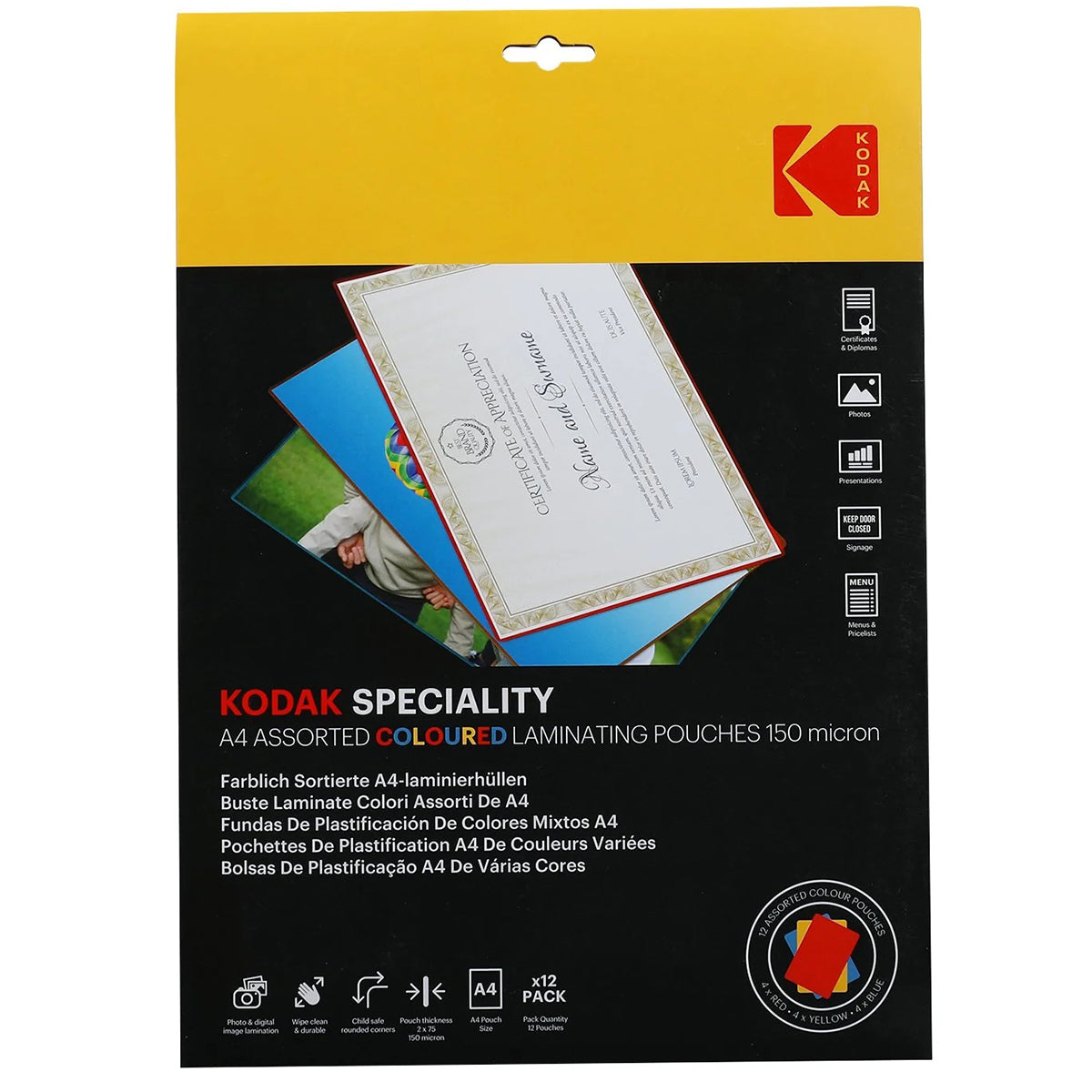 Kodak Speciality Assorted 150 Micron Coloured A4 Laminating Pouches - Pack of 12