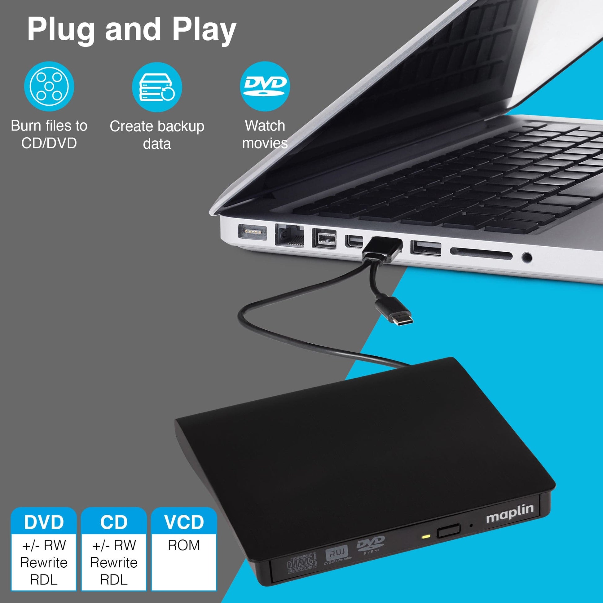 Maplin External CD Burner DVD Optical Drive Reader & Writer with Built-In USB-C / USB-A 3.0 Cables