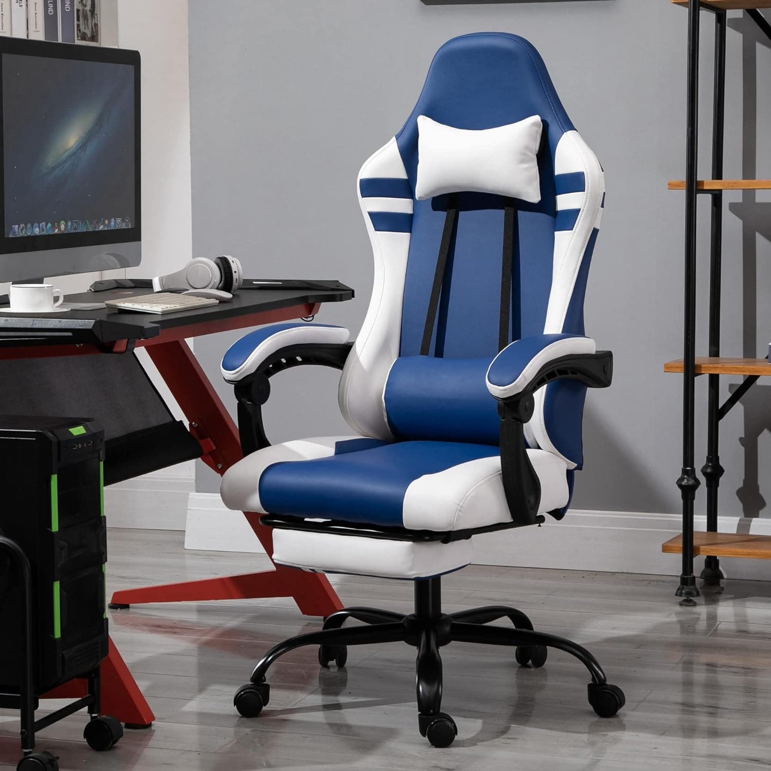 Maplin Plus PU Leather Reclining Adjustable Gaming Chair with Headrest & Footrest - Blue & White