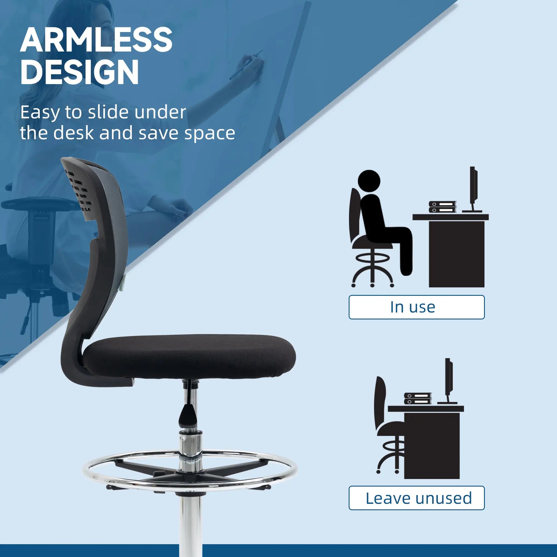 ProperAV Extra Armless Mesh Office Draughtsman Chair with Lumbar Support & Adjustable Foot Ring