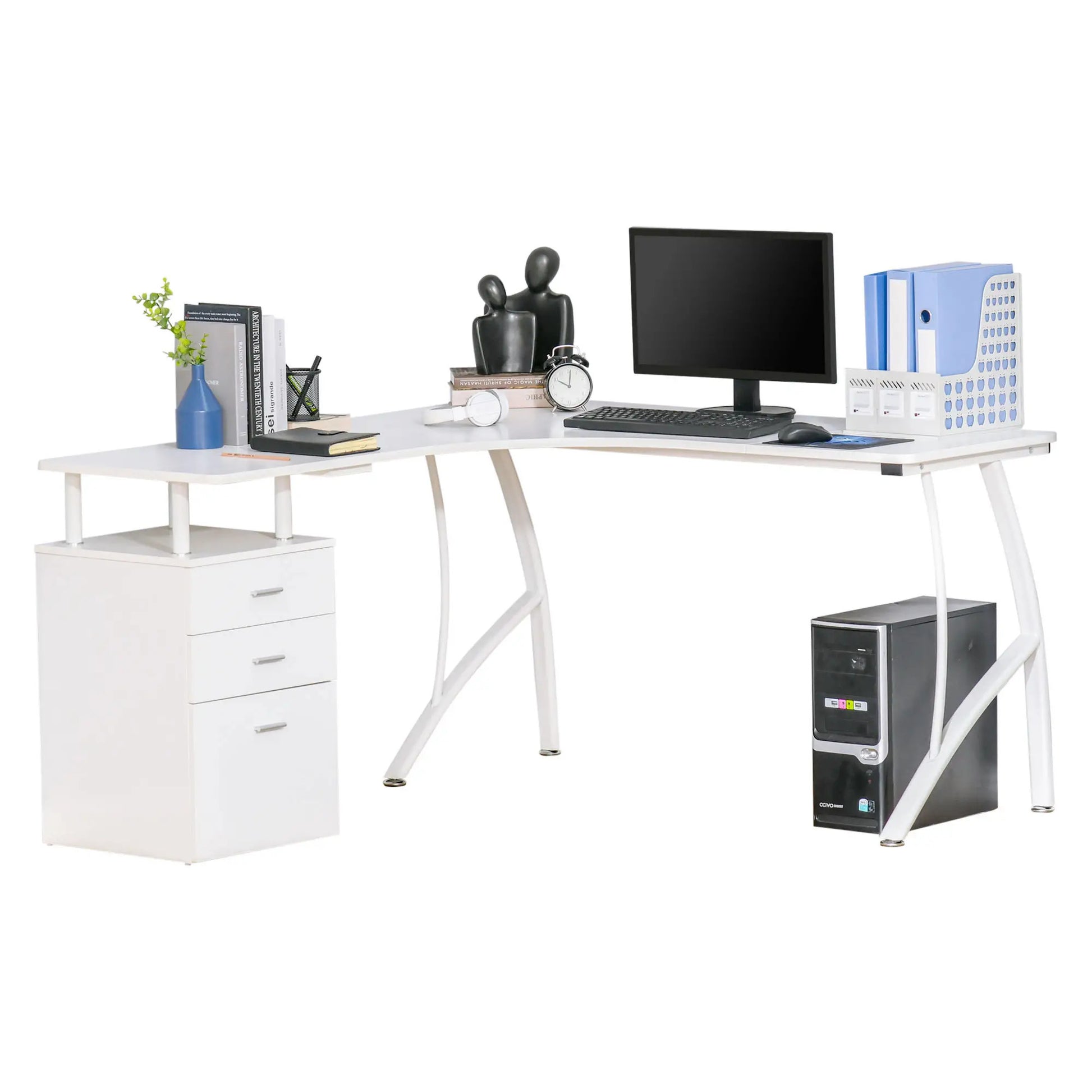 ProperAV Extra L-Shaped Corner Desk with Drawers White