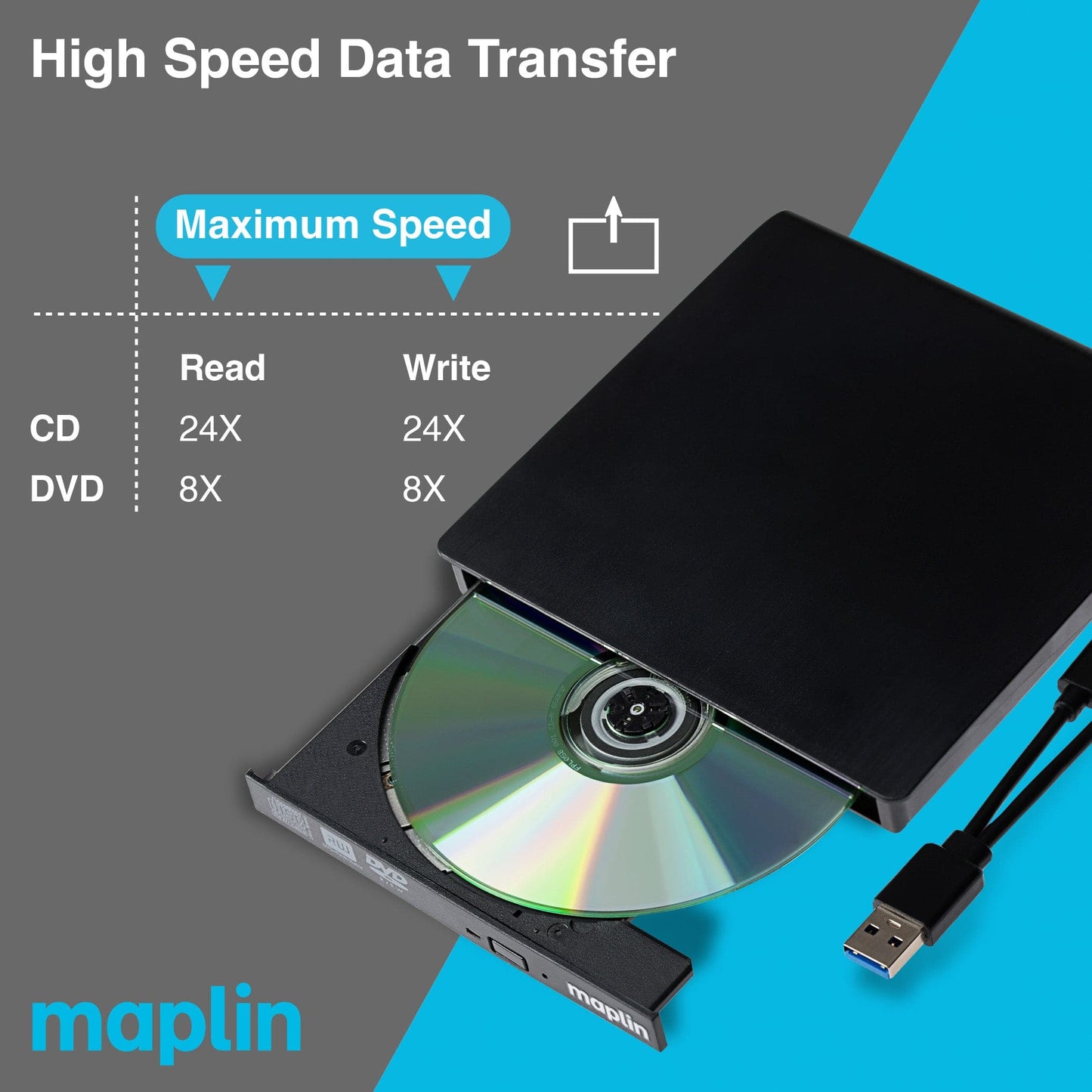 Maplin External CD Burner DVD Optical Drive Reader & Writer with Built-In USB-C / USB-A 3.0 Cables