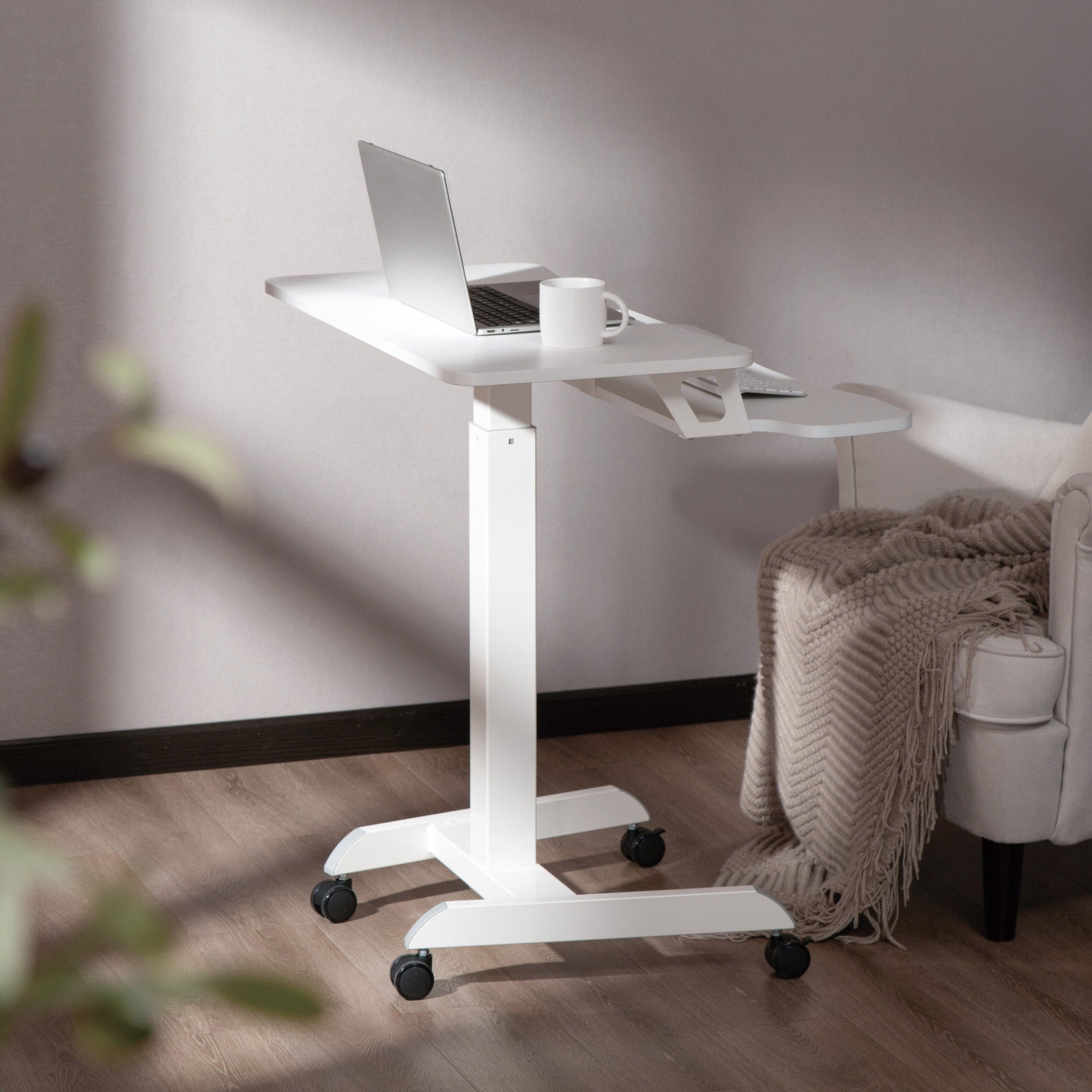 ProperAV Two Tier Mobile Desk Trolley Workstation with Gas Spring Height Adjustment - White