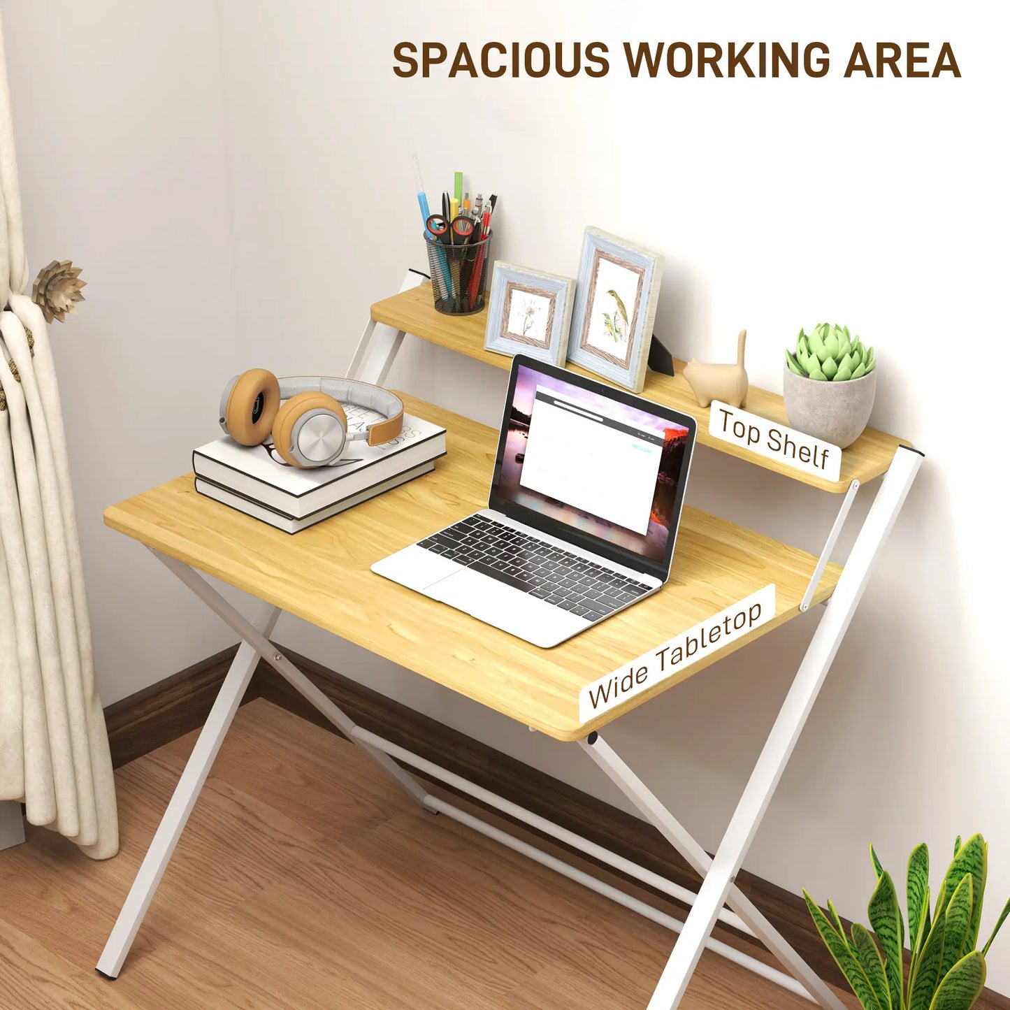 ProperAV Extra Maple Wood-Effect Folding Desk with 2-Tier Shelf - White & Brown