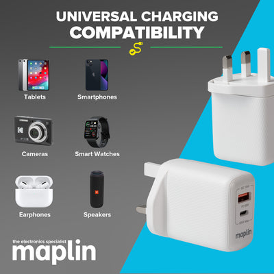 Maplin 65W 2 Port USB Wall Charger 1x USB-A 1x USB-C GaN PD