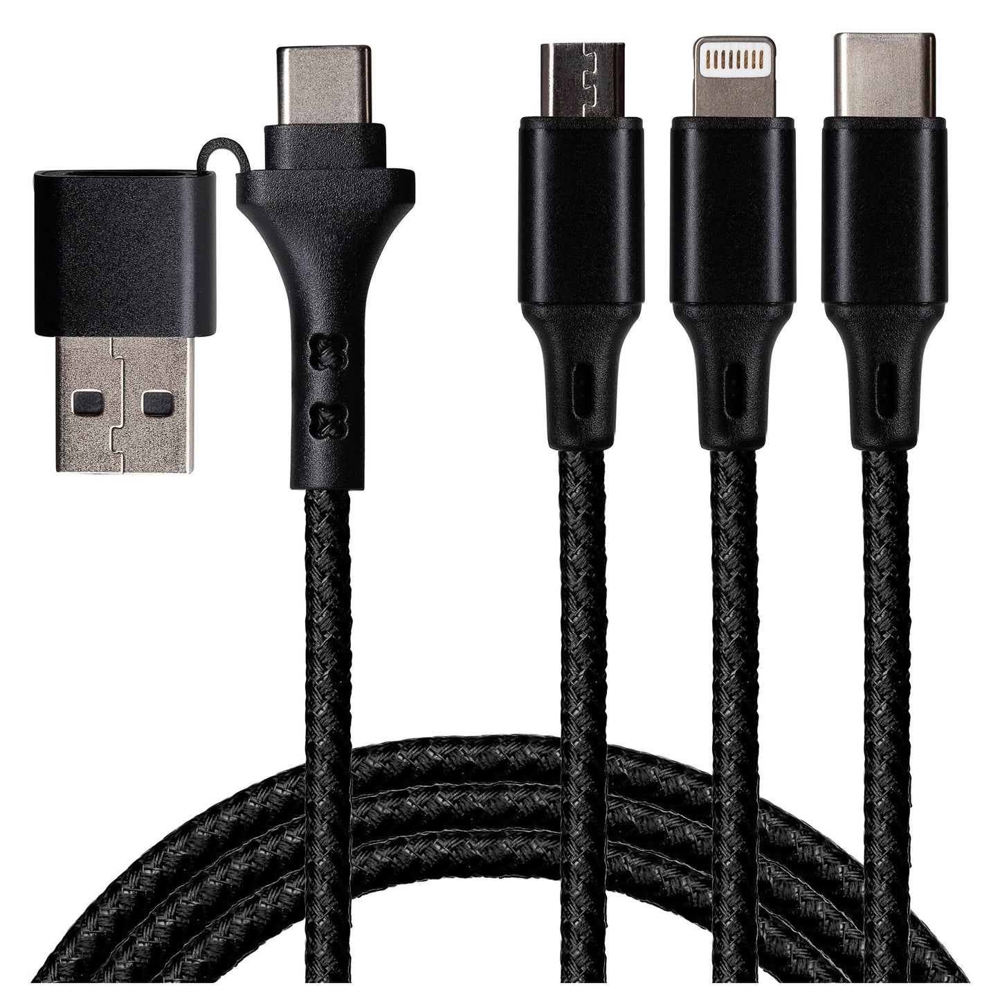 Maplin USB-A & USB-C to 3-in-1 Multi-Charging USB-C / Lightning / Micro USB 12W Braided Cable - Black, 1.2m