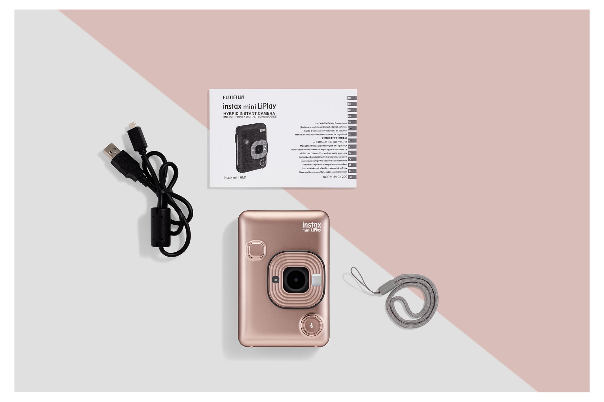 Fujifilm Instax Mini LiPlay Hybrid Instant Camera - Blush Gold Camera + Pouch + Strap