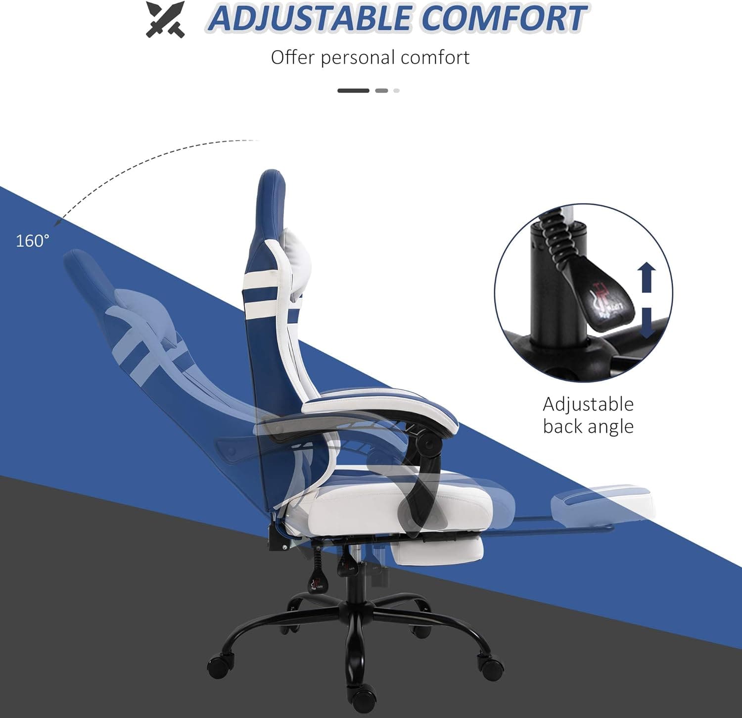 Maplin Plus PU Leather Reclining Adjustable Gaming Chair with Headrest & Footrest - Blue & White