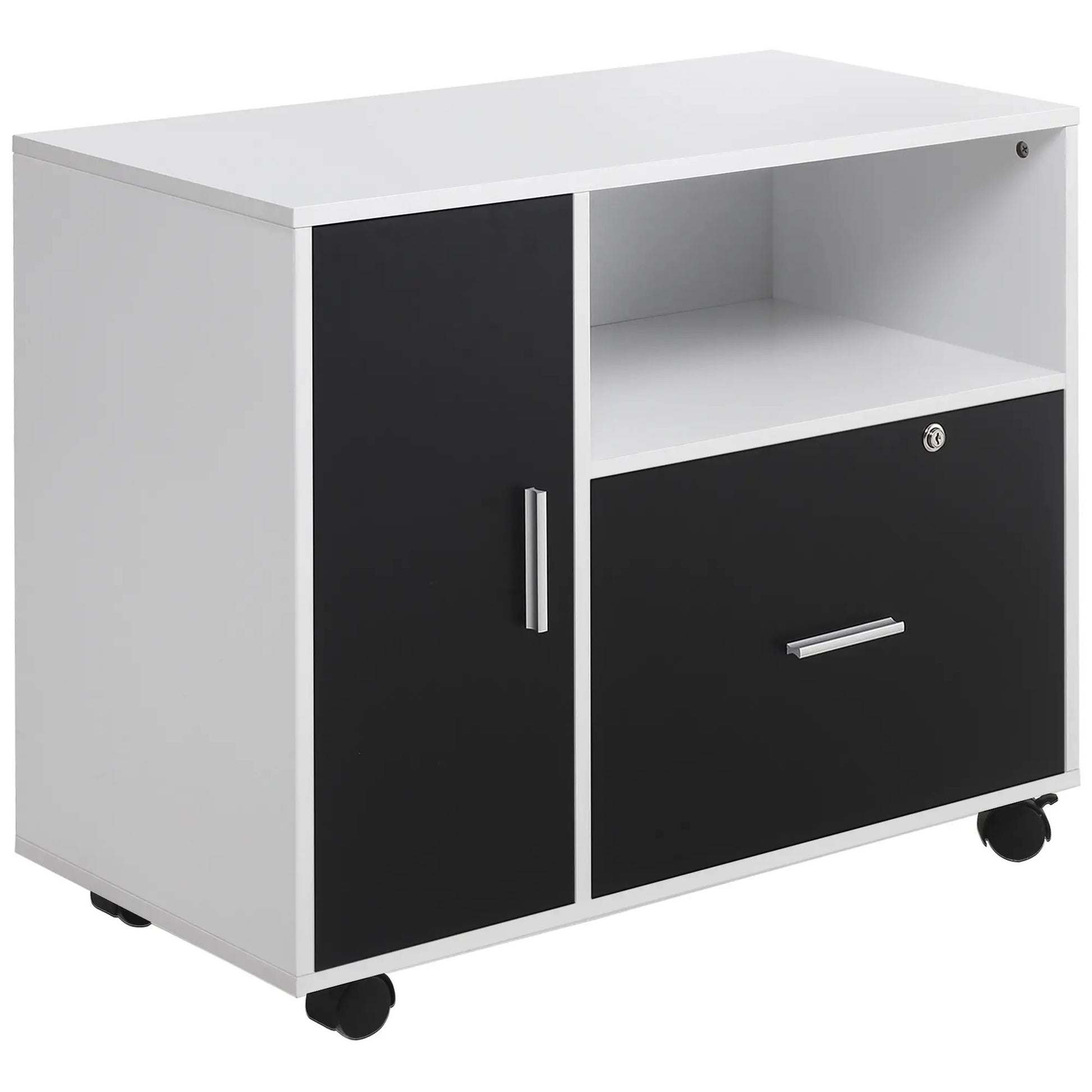 ProperAV Extra Mobile Office File Cabinet with Lockable Drawer & Shelf - Black & White