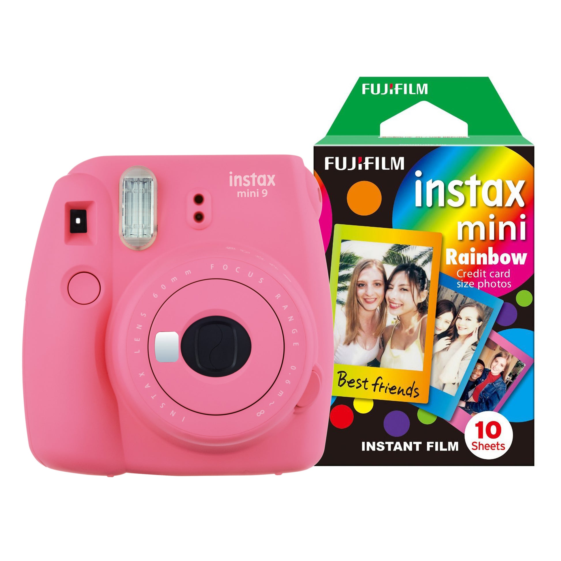 Fujifilm Instax Mini 9 Instant Camera - Flamingo Pink Camera + 10 Shot Rainbow Pack