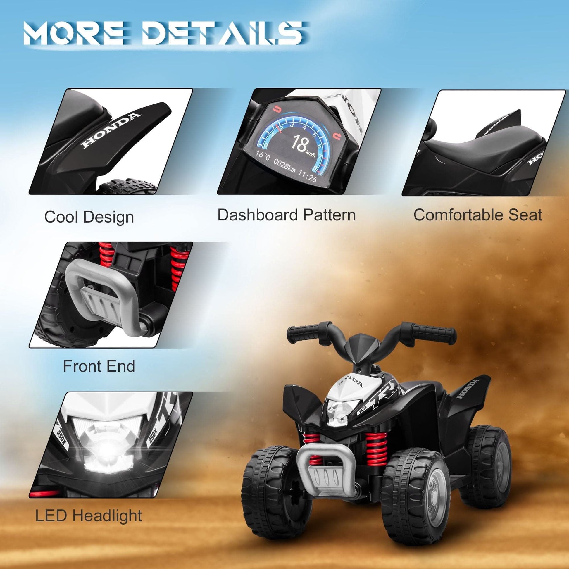 Maplin Plus AIYAPLAY Honda Licensed 6V Electric Ride On Kids Toy ATV Quad Bike with LED Lights & Horn for 1.5-3 Years