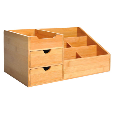 ProperAV Extra Multi-Function Storage Organiser with 7 Storage Compartments & 2 Drawers - Bamboo