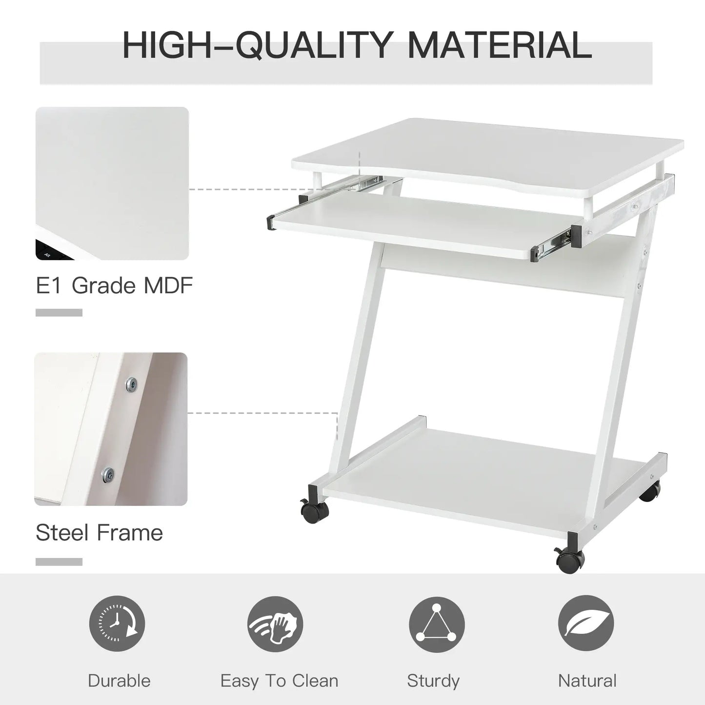 ProperAV Extra Computer Desk with Wheels & Sliding Keyboard Tray