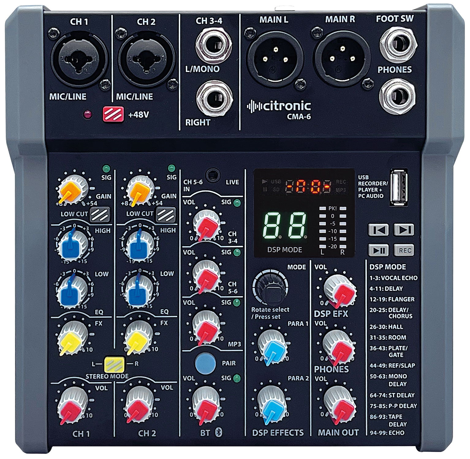 Citronic CMA-series Compact Mixer with DSP, USB Play/Record/PC and Bluetooth 2 Mono + 2 Stereo