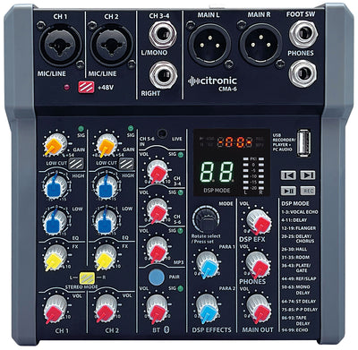 Citronic CMA-series Compact Mixer with DSP, USB Play/Record/PC and Bluetooth 2 Mono + 2 Stereo