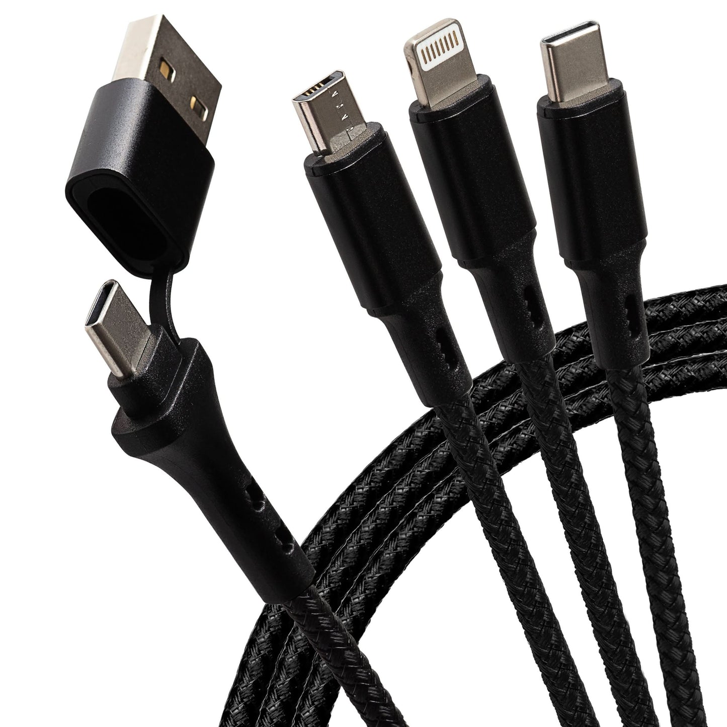 Maplin USB-A & USB-C to 3-in-1 Multi-Charging USB-C / Lightning / Micro USB 12W Braided Cable - Black, 1.2m