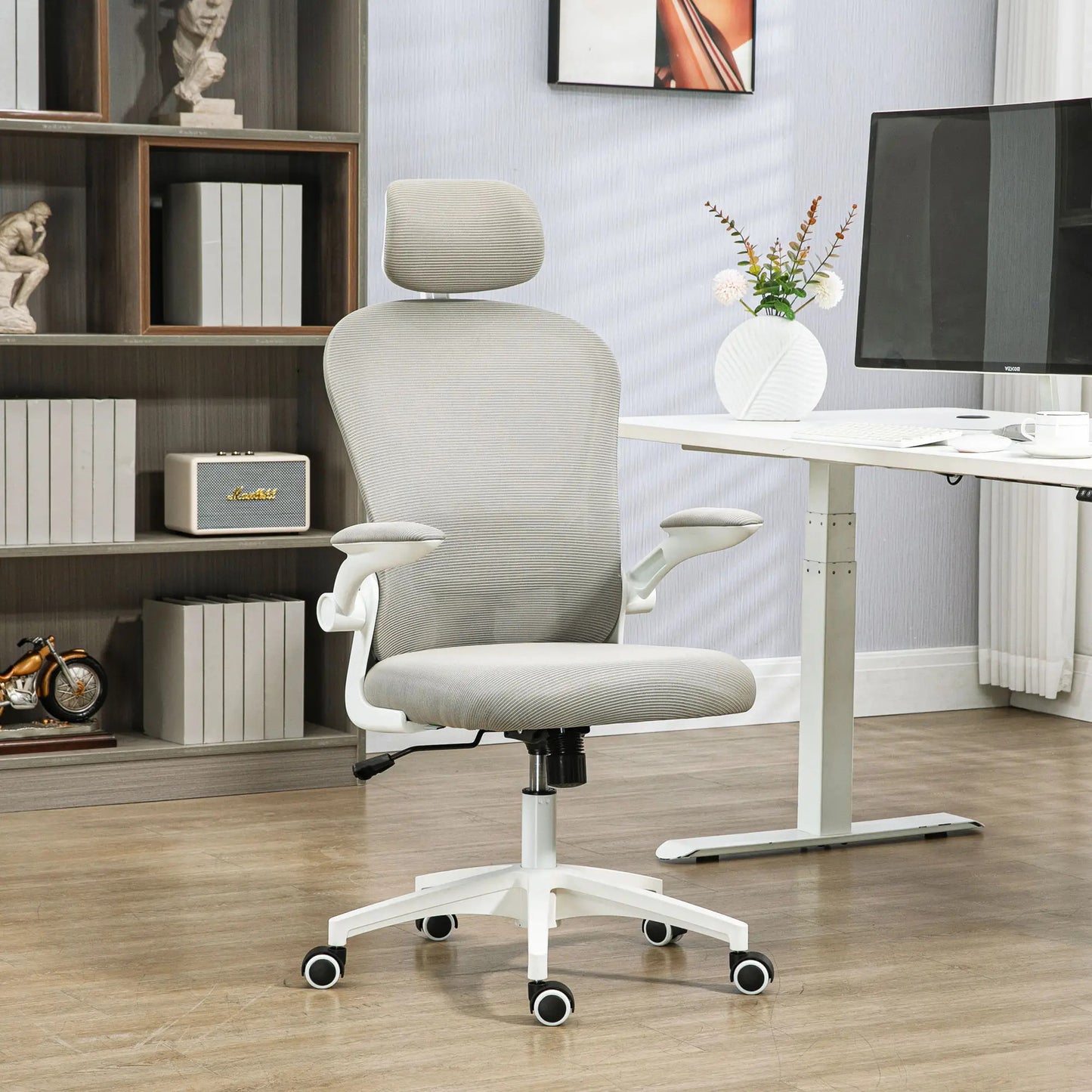 ProperAV Extra Mesh Ergonomic Office Chair with Headrest, 4D Lumbar Support & Flip-Up Arms - Grey