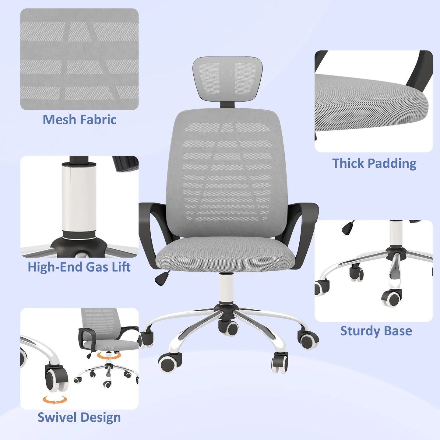 ProperAV Extra Mesh Ergonomic Office Chair with Rotatable Headrest - Grey