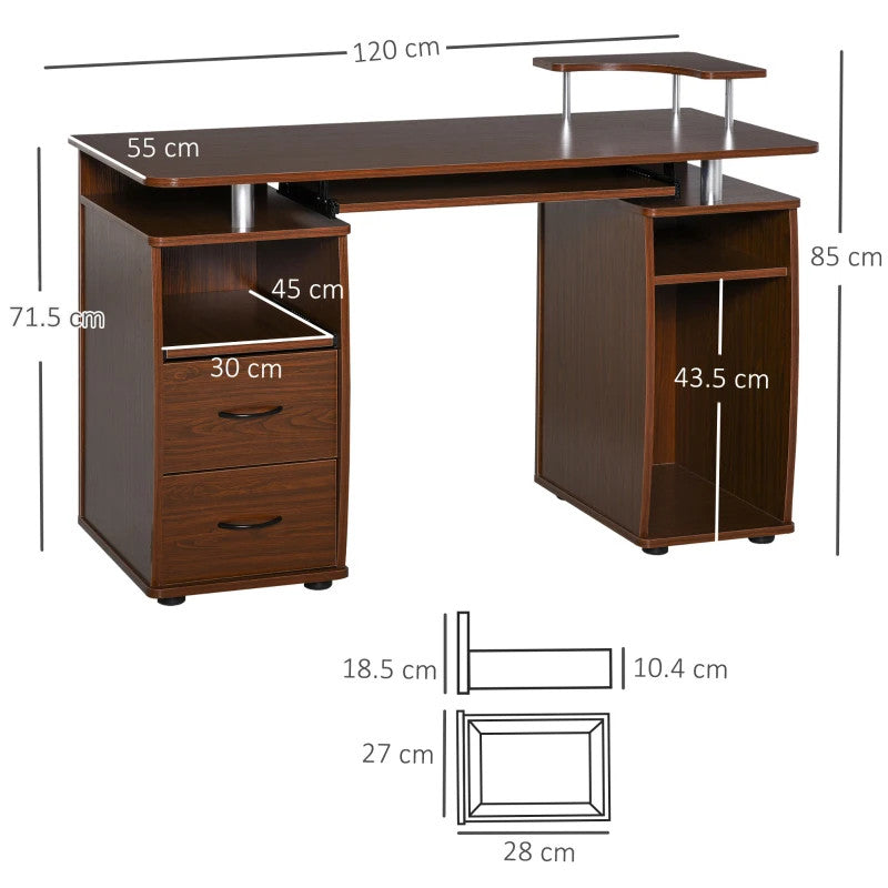 ProperAV Extra Office Desk with Keyboard Tray, Shelves & Drawers - Brown - maplin.co.uk