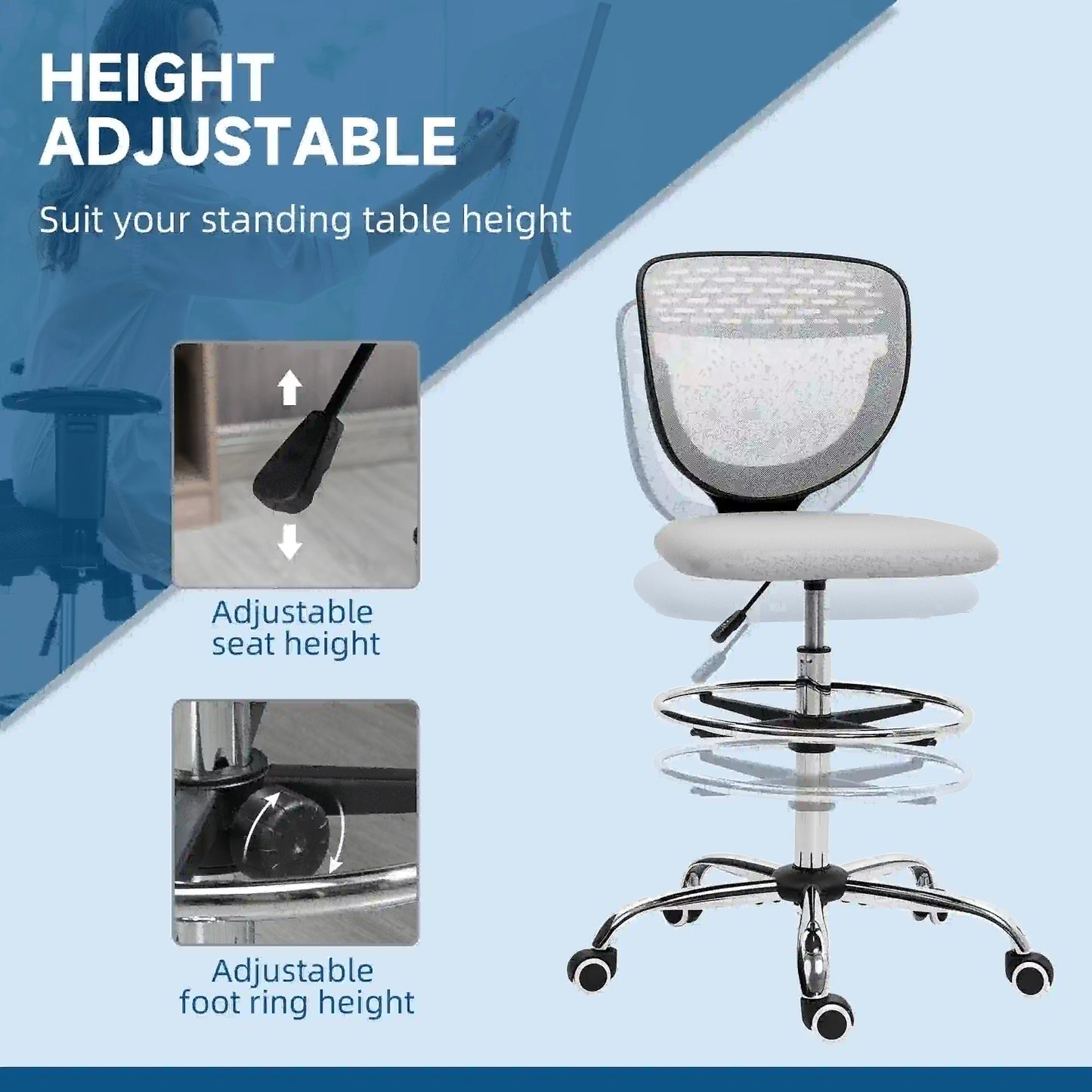 ProperAV Extra Armless Mesh Office Draughtsman Chair with Lumbar Support & Adjustable Foot Ring