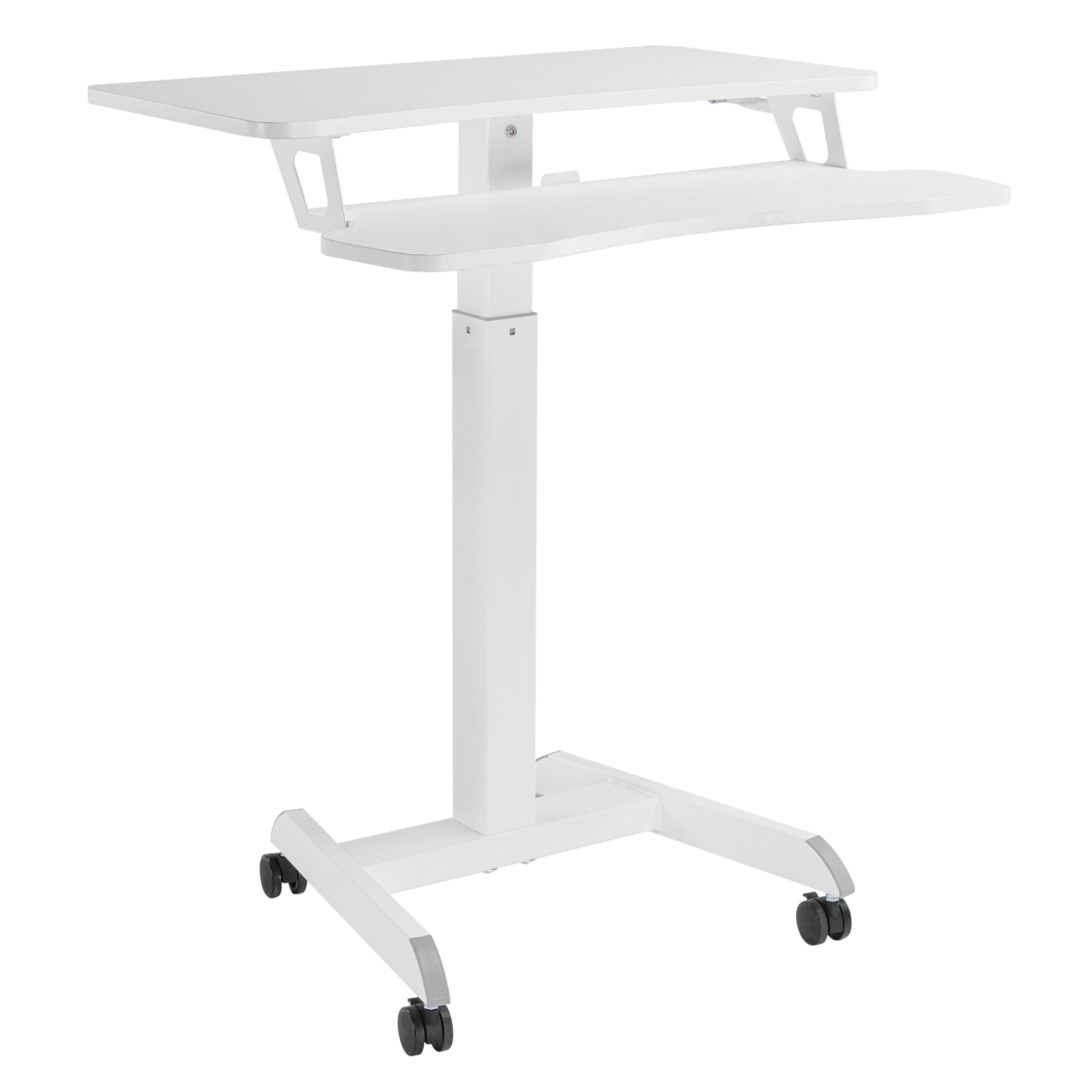 ProperAV Two Tier Mobile Desk Trolley Workstation with Gas Spring Height Adjustment - White