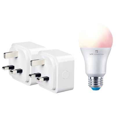 4lite Wiz Connected 3-Pin UK Smart Plug Twin Pack with A60 Multicolour Dimmable E27 Large Screw Smart Bulb