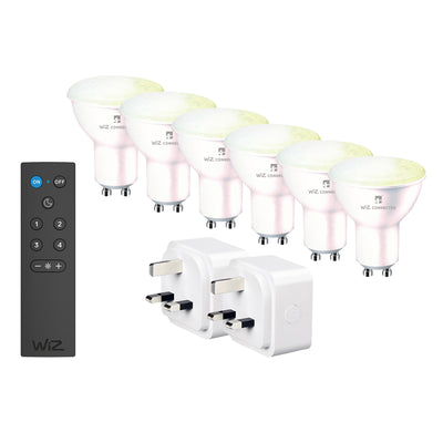 4lite WiZ Connected Smart Lighting Kit including 6x GU10 White Bulbs, 1x Remote Control & 2x 3-Pin UK Plugs