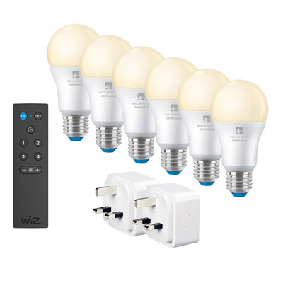 4lite WiZ Connected Smart Lighting Kit including 6x E27 Large Screw White Bulbs, 1x Remote Control & 2x 3-Pin UK Plugs