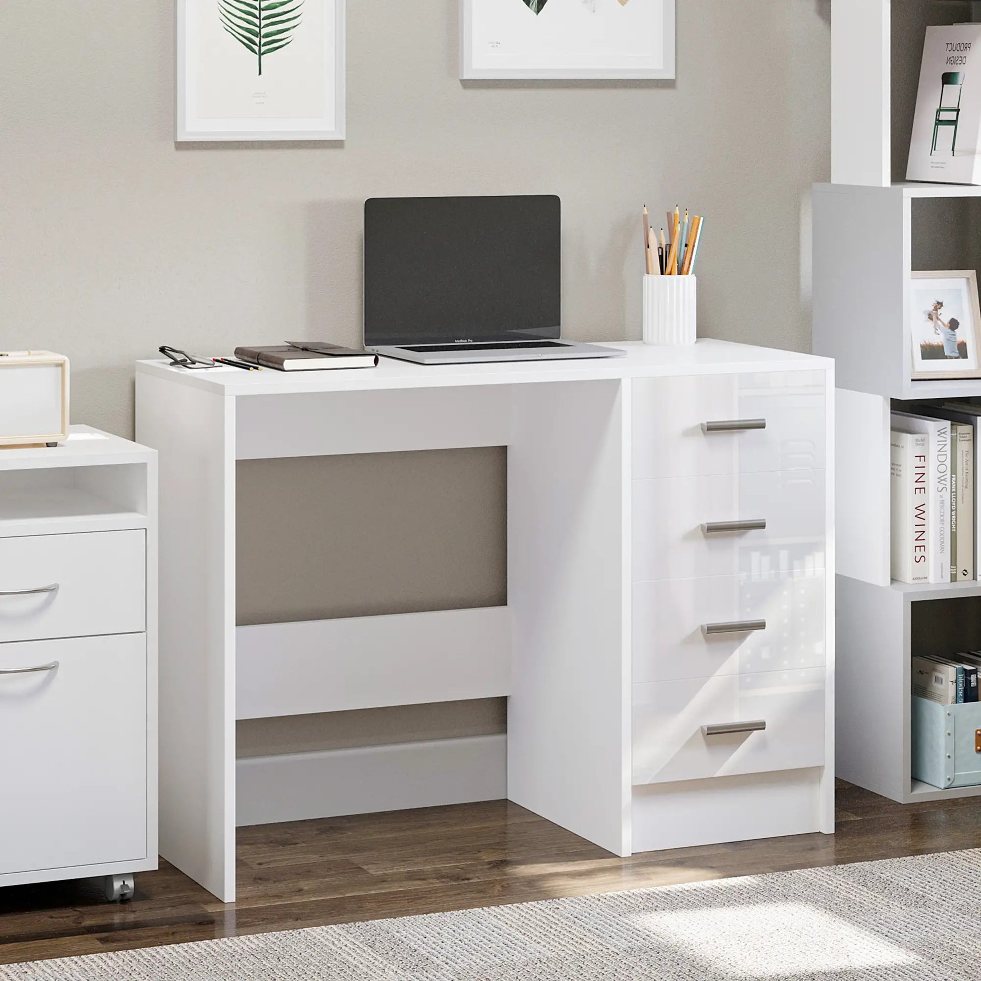 ProperAV Extra Computer Desk with 4 Drawers - White