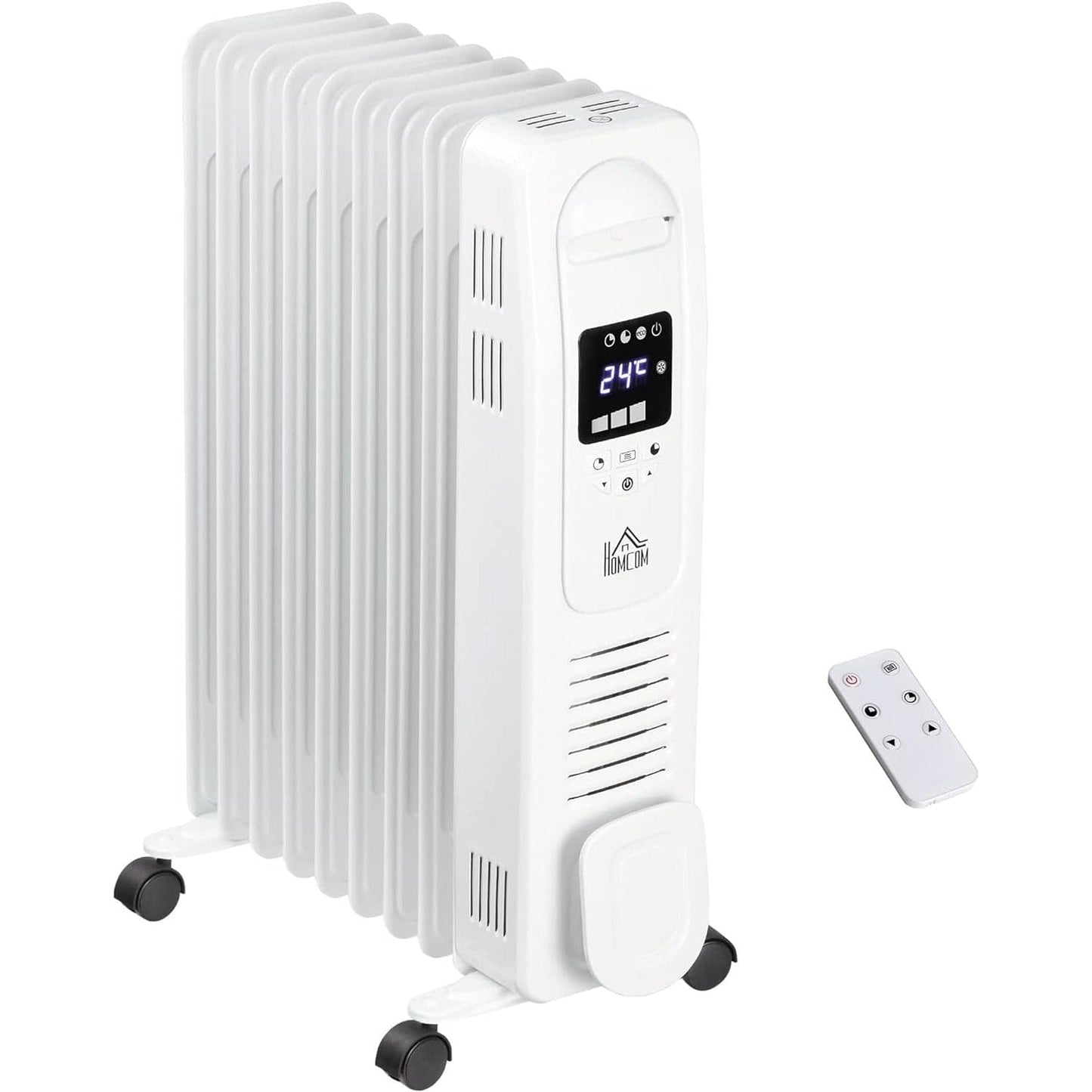 Maplin Plus 2180W Digital 9 Fin Portable Electric Oil Filled Radiator with LED Display, Timer, 3 Heat Settings, Safety Cut-Off & Remote Control White