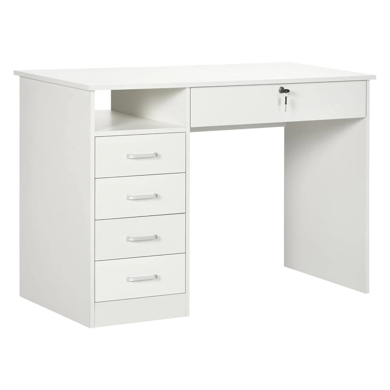 ProperAV Extra Home Office Desk with Lockable Drawer & Storage Shelf White