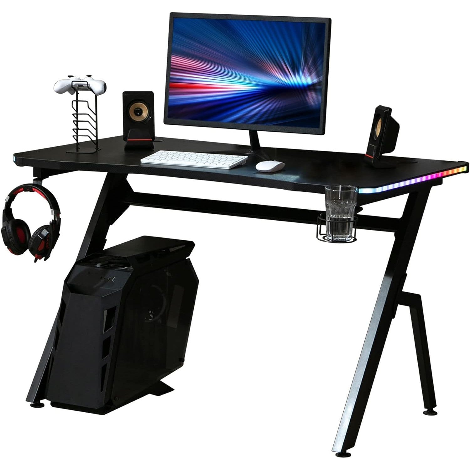 Maplin Plus Racing Style Gaming Desk with RGB LED Lights, Carbon Fibre Surface, Headphone Hook, Cup Holder & Controller Rack Black