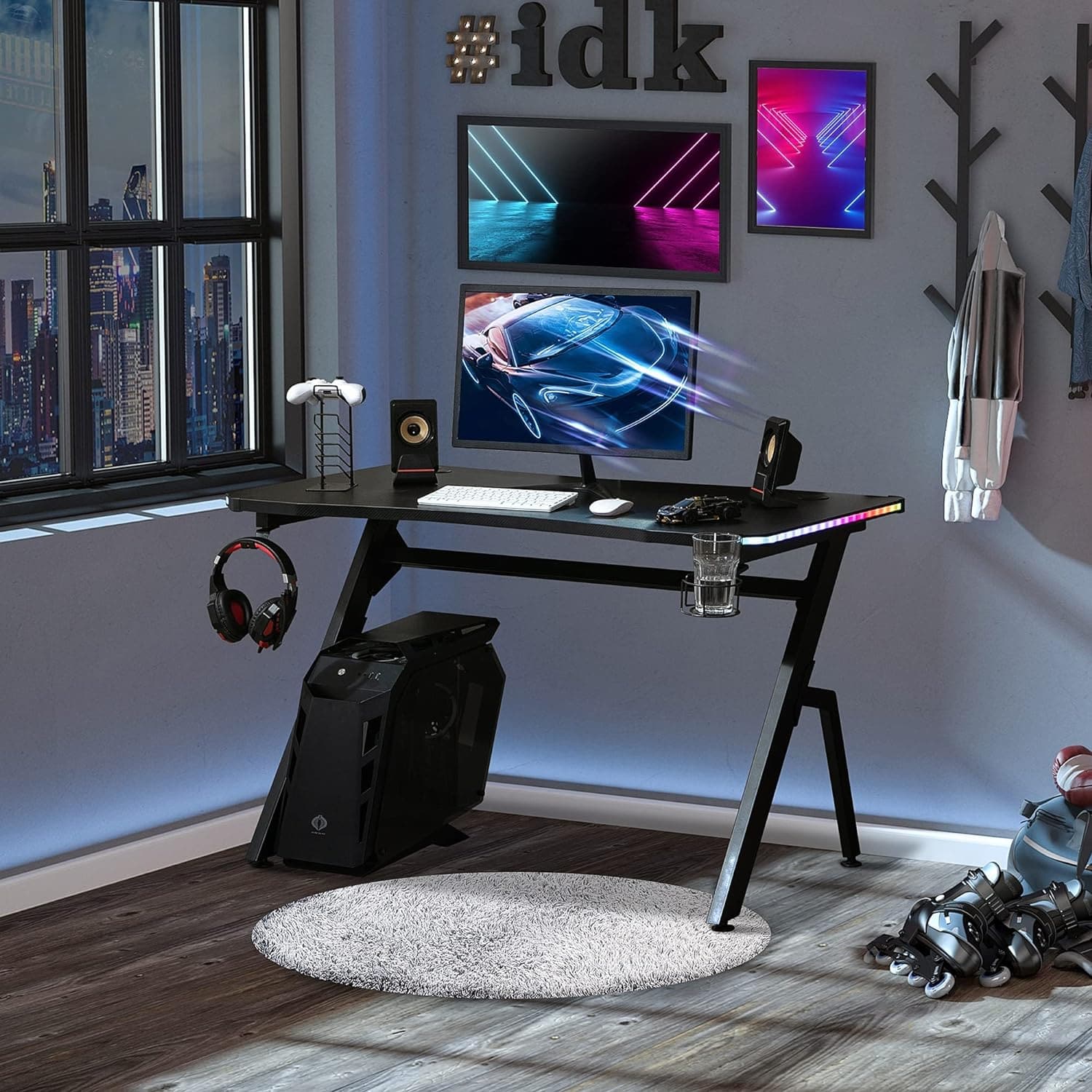 Maplin Plus Racing Style Gaming Desk with RGB LED Lights, Carbon Fibre Surface, Headphone Hook, Cup Holder & Controller Rack