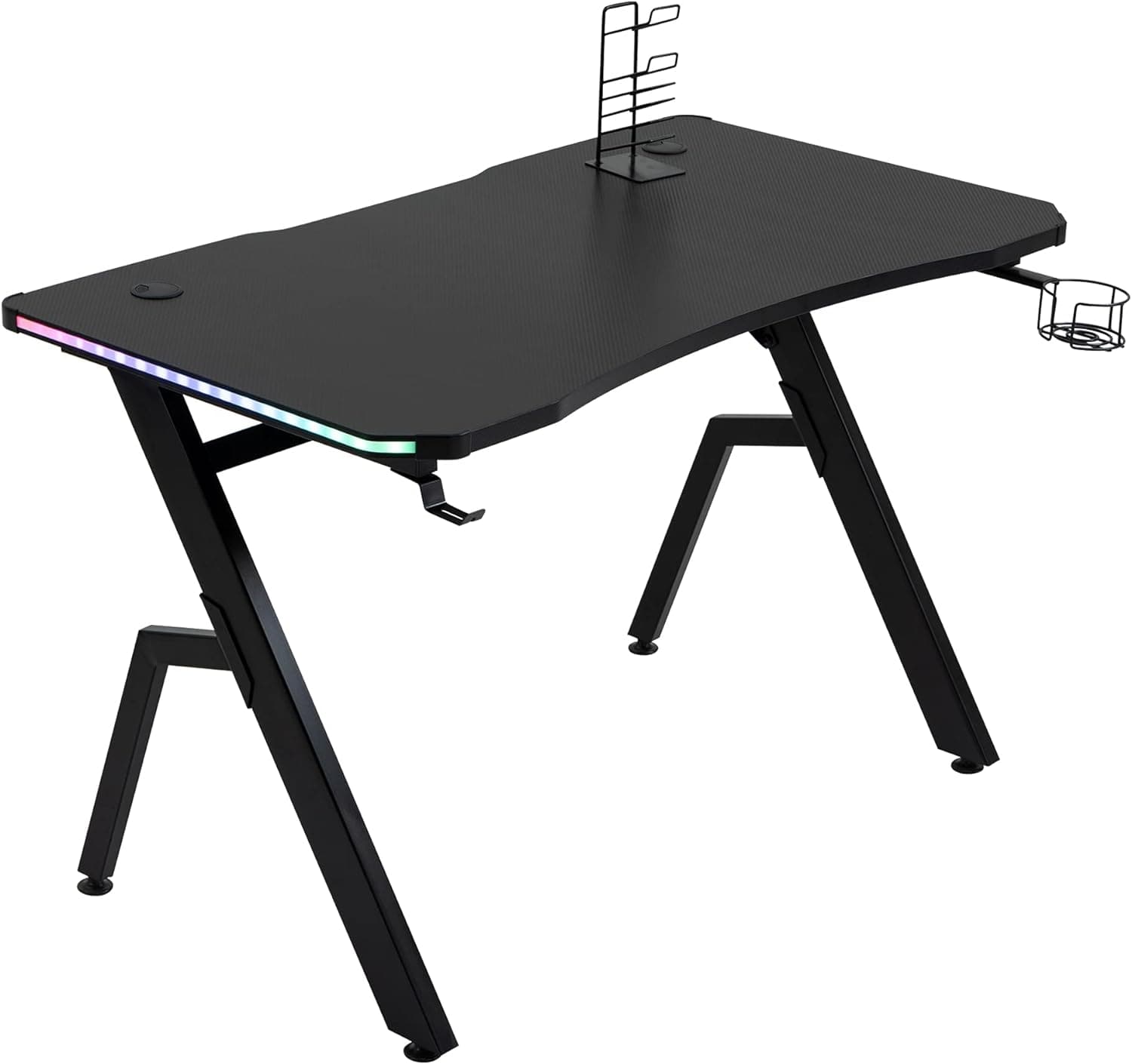 Maplin Plus Racing Style Gaming Desk with RGB LED Lights, Carbon Fibre Surface, Headphone Hook, Cup Holder & Controller Rack