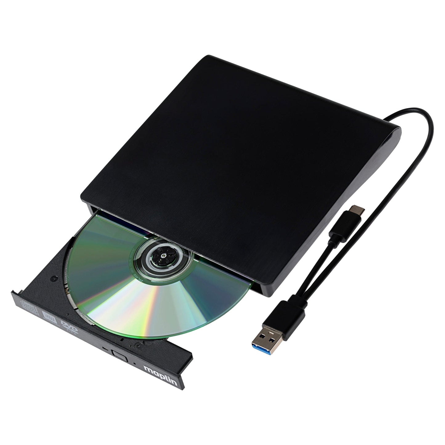 Maplin External CD Burner DVD Optical Drive Reader & Writer with Built-In USB-C / USB-A 3.0 Cables