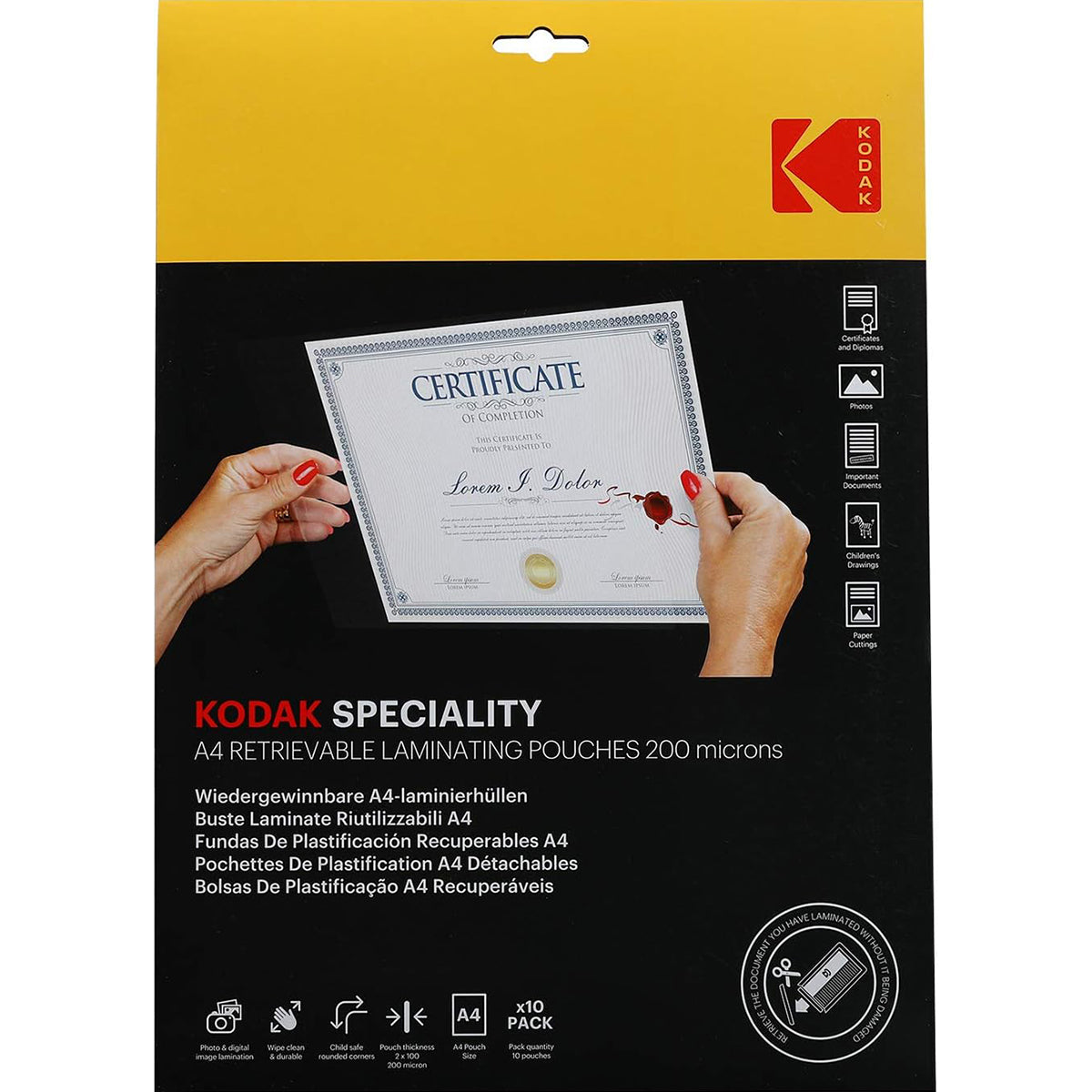 Kodak Speciality A4 200 Micron Retrievable Laminating Pouches - Pack of 10