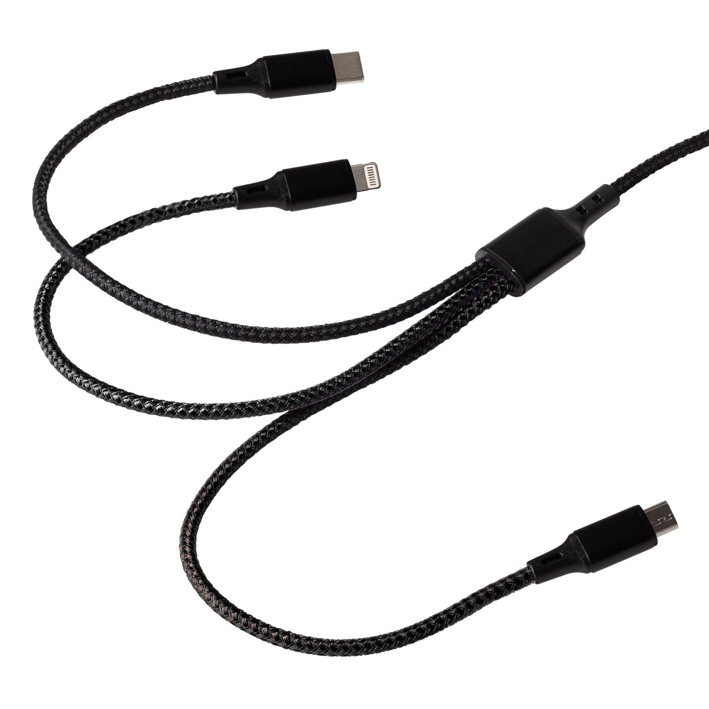 Maplin USB-A & USB-C to 3-in-1 Multi-Charging USB-C / Lightning / Micro USB 12W Braided Cable - Black, 1.2m