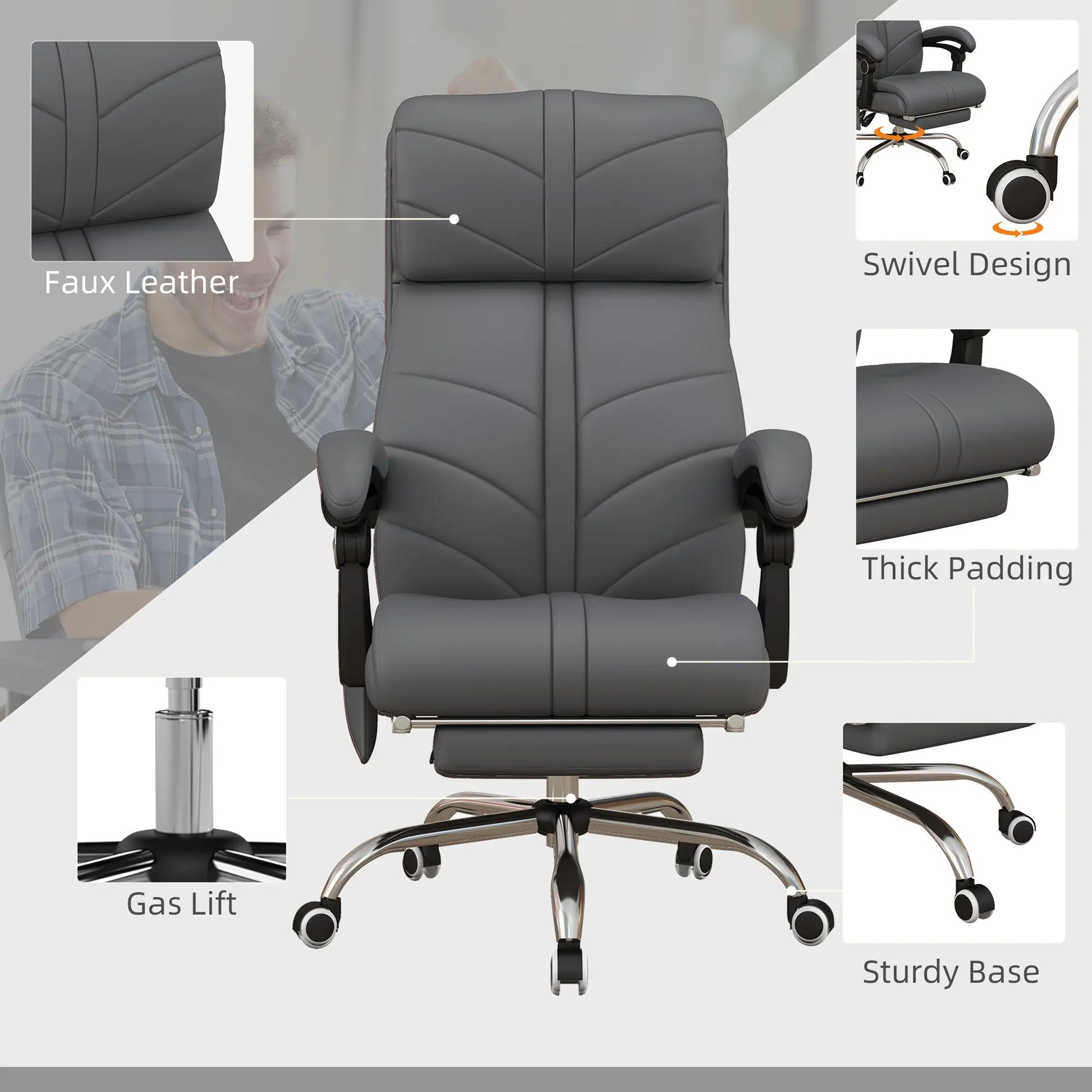 ProperAV Extra PU Leather Heated Vibrating Massage Executive Office Chair with Footrest - Grey