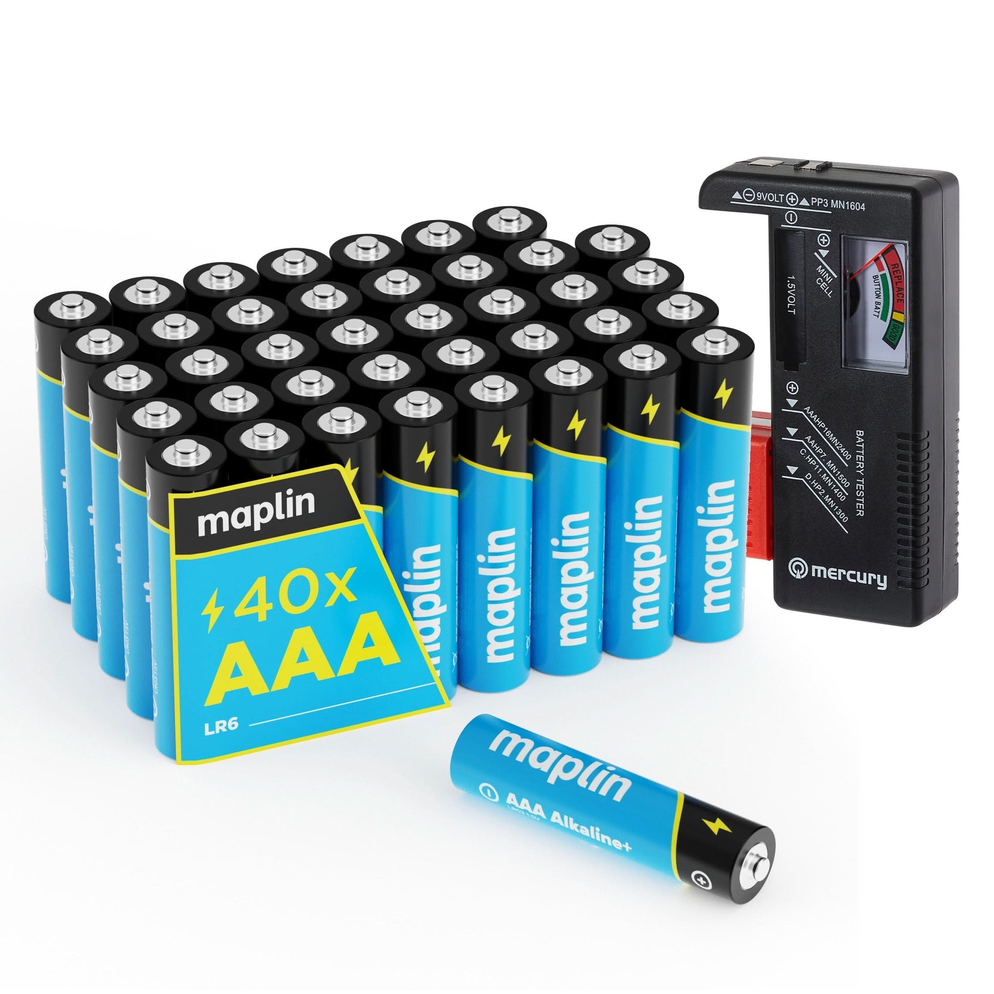 Maplin 40x AAA LR03 7 Year Shelf Life 1.5V High Performance Alkaline Batteries with Universal Battery Tester