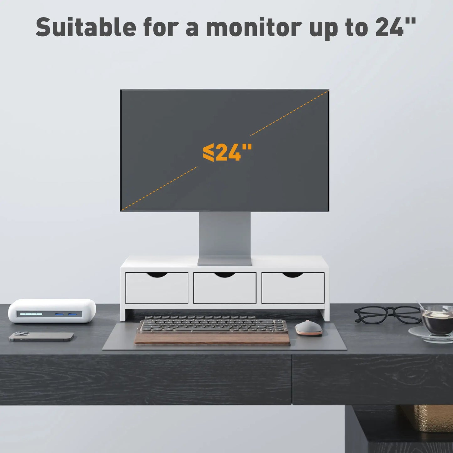 ProperAV Extra Monitor Riser Stand with 3 Drawers - White