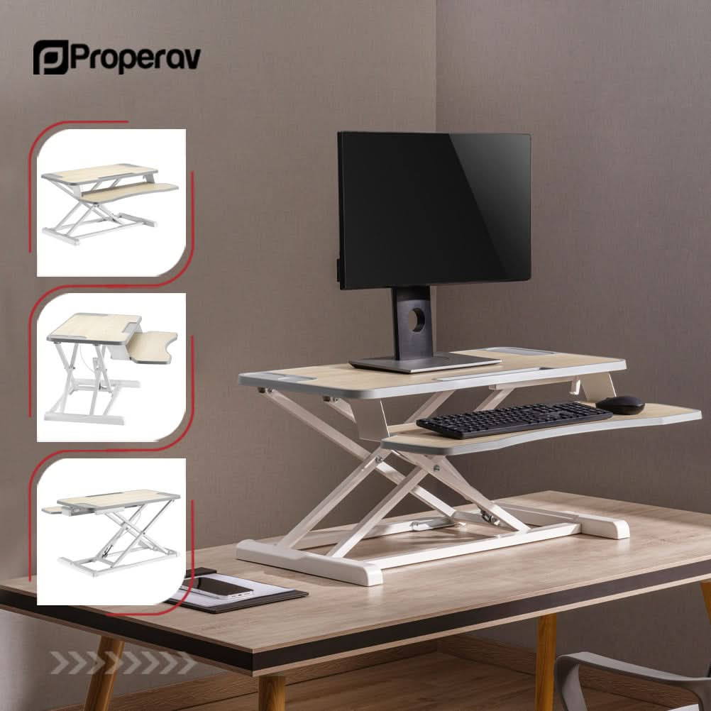 ProperAV Two Tier Stand Up Desk Converter Worktop with Gas Spring Lift & Variable Height Settings - White