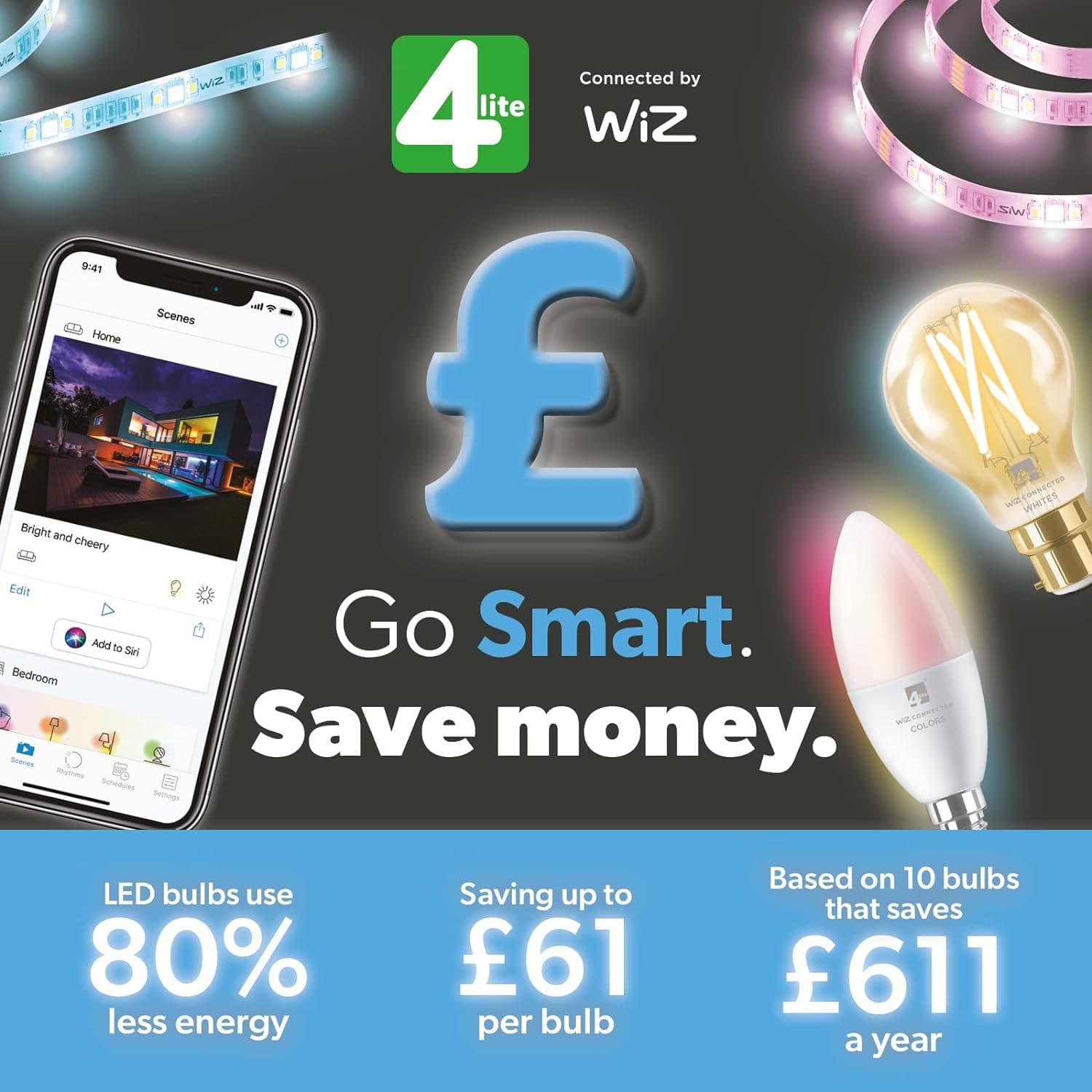 4lite WiZ Connected Smart Lighting Kit including 6x E27 Large Screw White Bulbs, 1x Remote Control & 2x 3-Pin UK Plugs