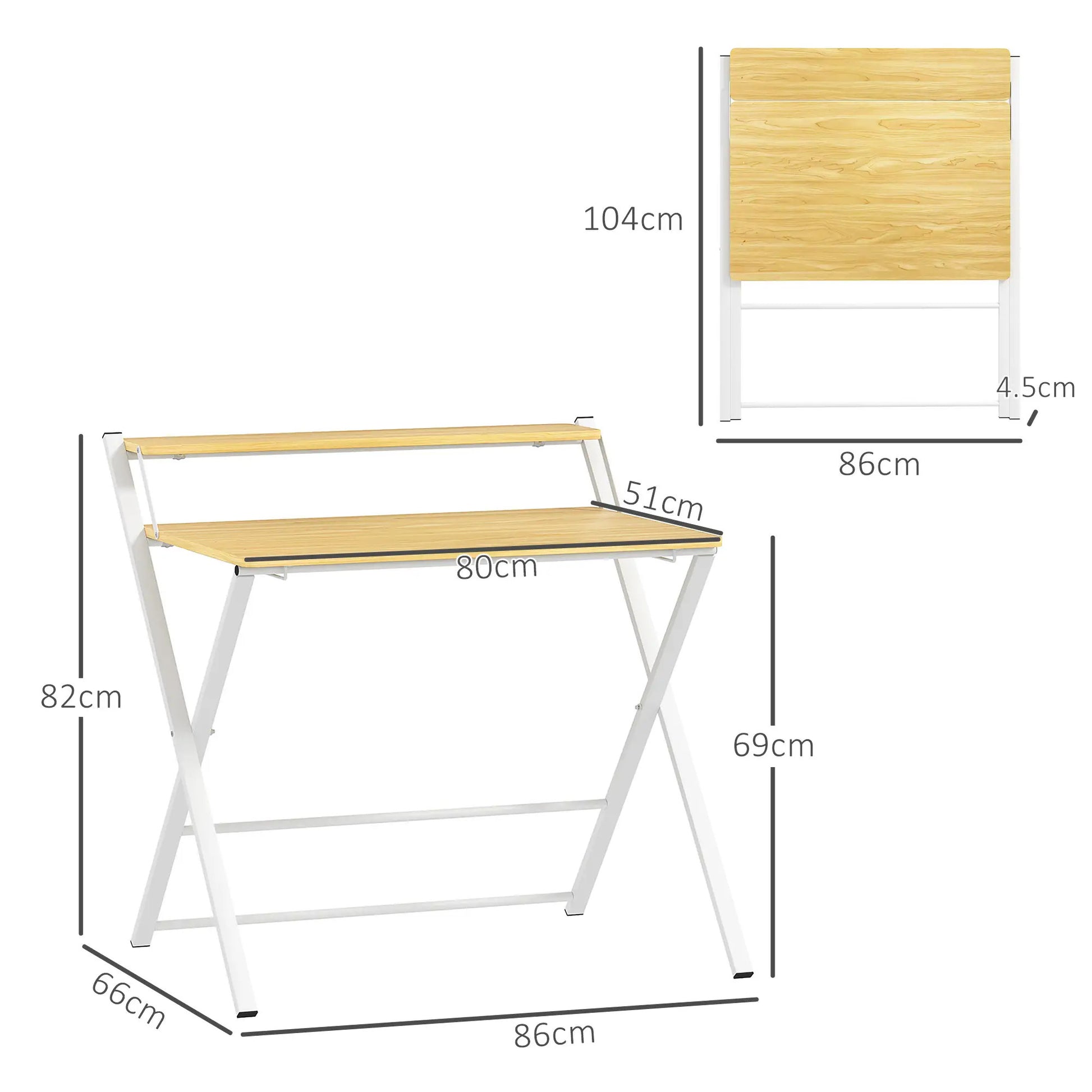 ProperAV Extra Maple Wood-Effect Folding Desk with 2-Tier Shelf - White & Brown