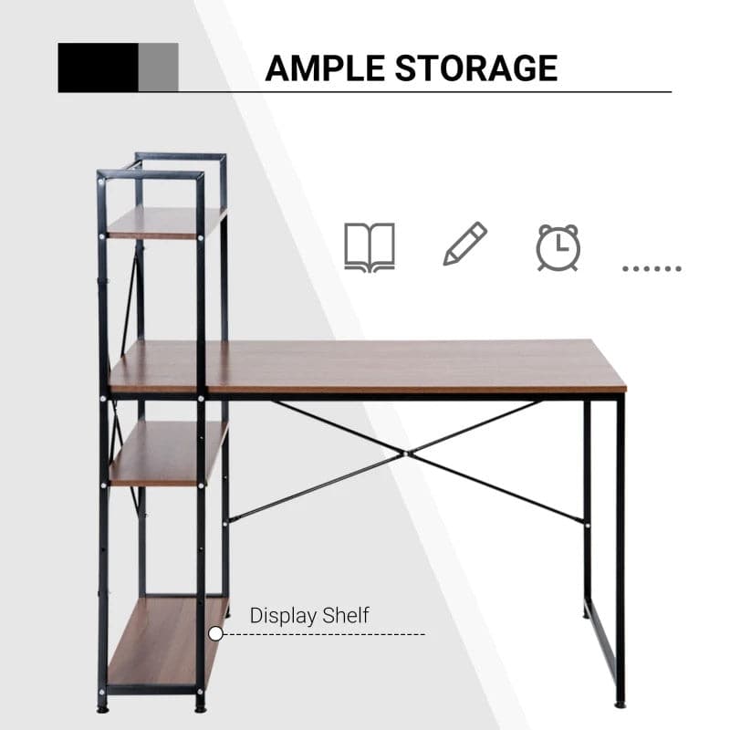 ProperAV Extra Metal Frame Home Wooden Top Office Desk with 4-Tier Bookshelf